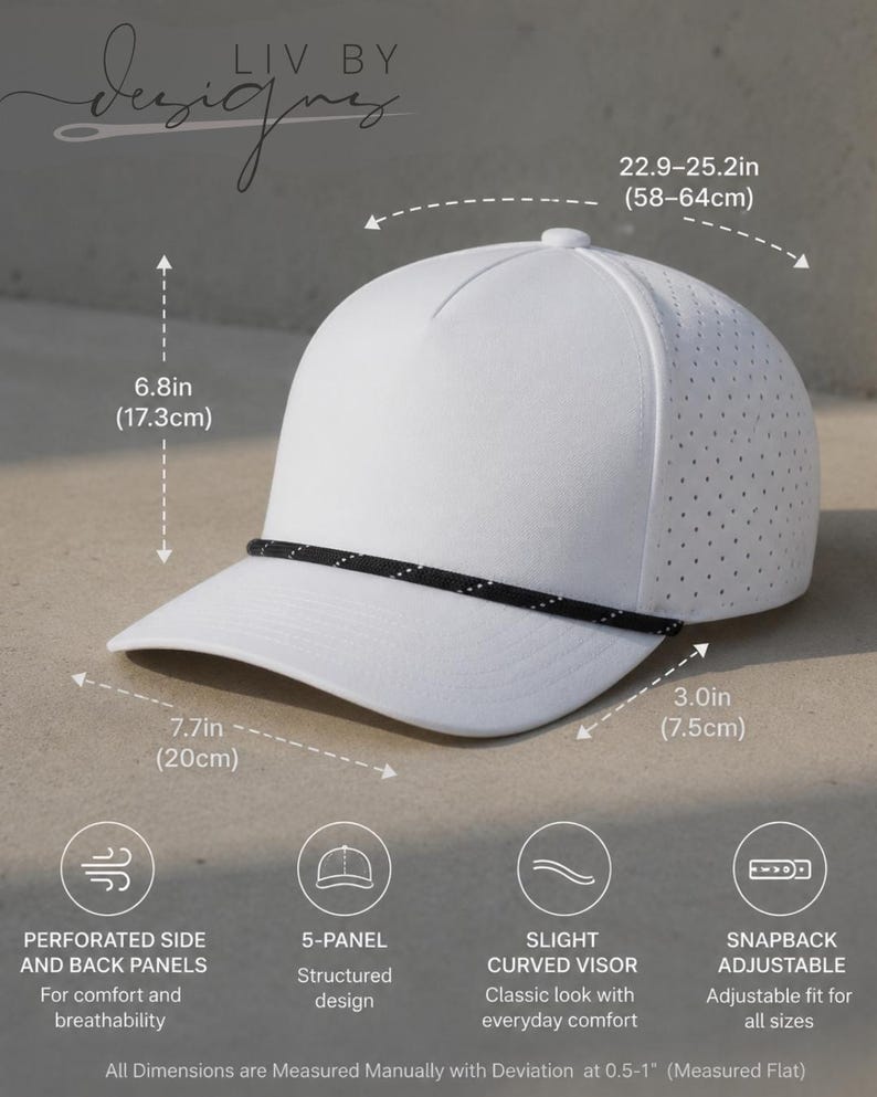 May include: White structured baseball cap with a curved visor and perforated side panels. Features a black rope detail and snapback adjustment. The cap measures 22.9-25.2 inches (58-64cm) in circumference, 6.8 inches (17.3cm) high, and 7.7 inches (20cm) wide.