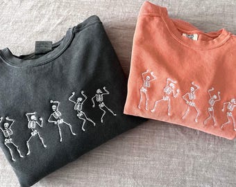 Dancing skeleton crewneck | Five dancing skeletons comfort color embroidered sweater | comfort color crewneck for Halloween lovers |