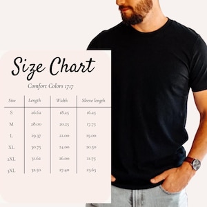 “Comfort Colors unisex size chart with man wearing shirt”