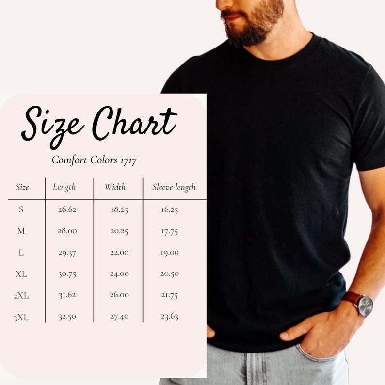 “Comfort Colors unisex size chart with man wearing shirt”