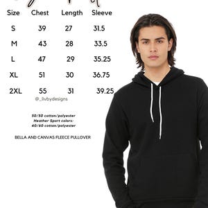May include: A black fleece pullover hoodie with a white drawstring, shown with a size chart. The size chart lists chest, length, and sleeve measurements in inches for sizes S through 2XL. The hoodie is made of a cotton/polyester blend.