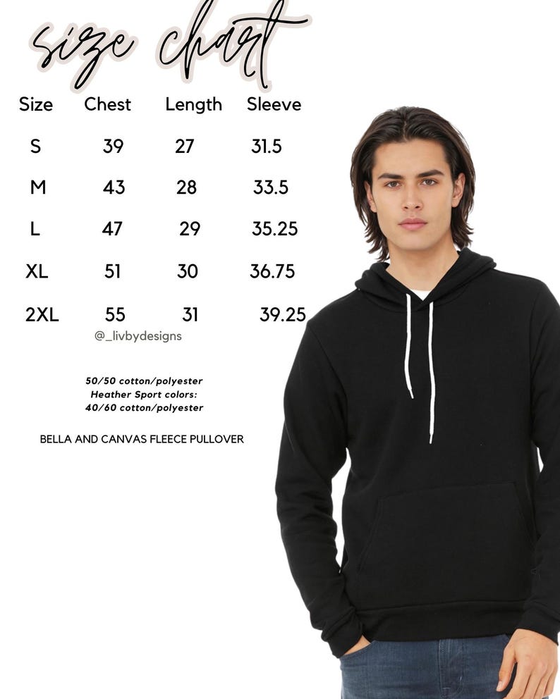 May include: A black fleece pullover hoodie with a white drawstring, shown with a size chart. The size chart lists chest, length, and sleeve measurements in inches for sizes S through 2XL. The hoodie is made of a cotton/polyester blend.