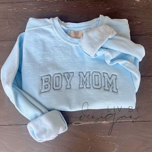 Embroidered Comfort Colors Boy Mom Crewneck Sweatshirt | Custom Name Sleeve Option