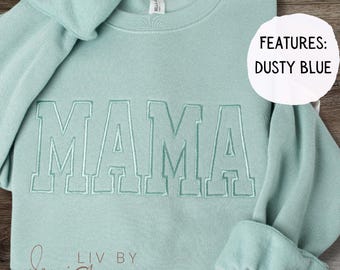 Personalized Mama Crewneck Bella Canvas Custom Embroidery Heart Sleeve Name Sweater Mothers Day Gift Idea Customized Pullover Relaxed Fit