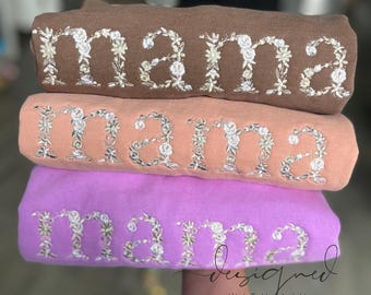 Customized Comfort Colors Lightweight Crewneck – Embroidered Floral “Mama” – Pastel Cozy Spring Pullover, Customizable Mother's Day gift