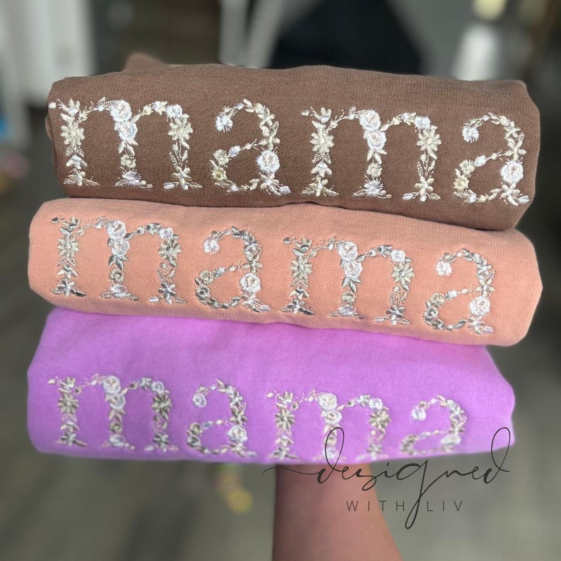 Customized Comfort Colors Lightweight Crewneck – Embroidered Floral “Mama” – Pastel Cozy Spring Pullover, Customizable Mother's Day gift image 1