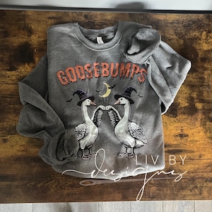 May include: A gray sweatshirt with the word "GOOSEBUMPS" in orange lettering. The graphic features two geese wearing witch hats, with a crescent moon and bats. The sweatshirt is folded on a wooden surface.