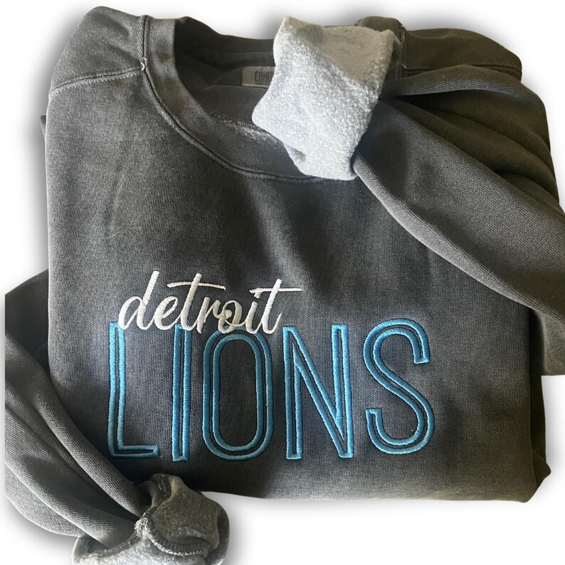 May include: A gray sweatshirt with the word "detroit" in white script above the word "LIONS" in blue outlined letters. The sweatshirt has a soft, fleecy interior and a folded sleeve.