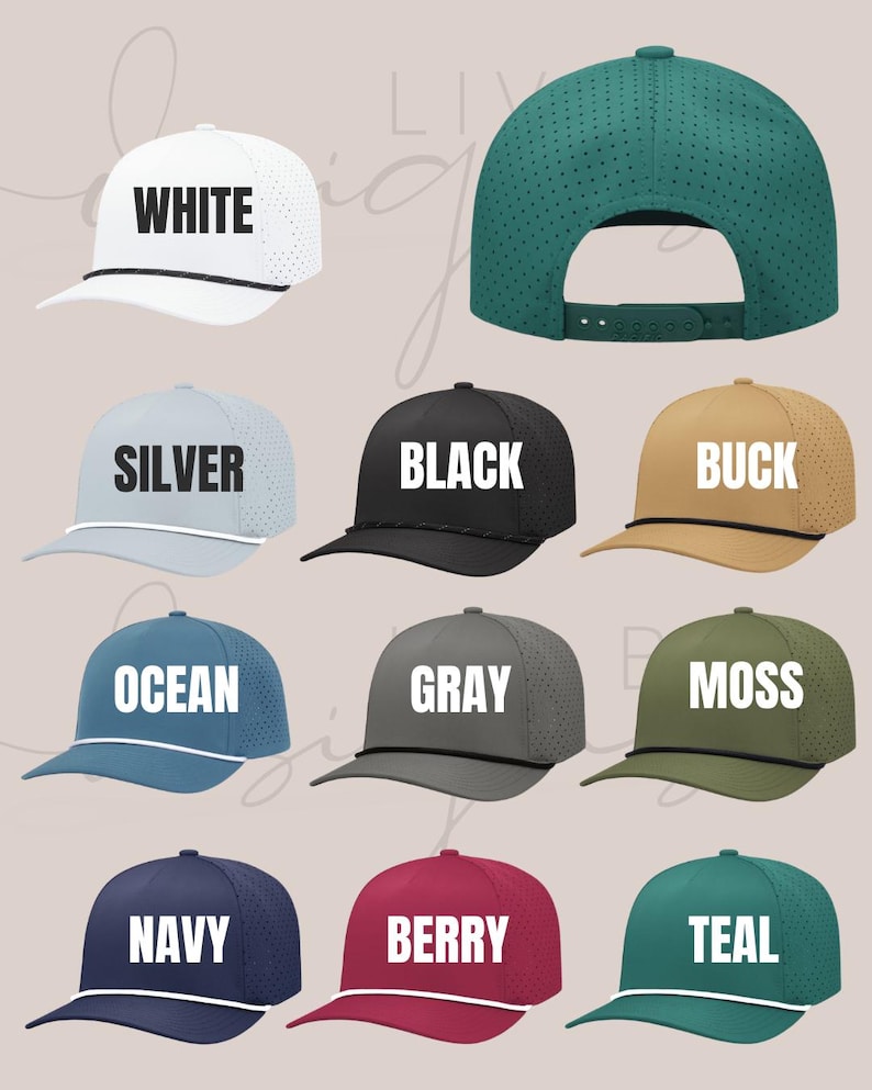May include: A collection of ten baseball caps in various colors, including white, silver, black, buck, ocean, gray, moss, navy, berry, and teal. Each cap features a perforated design, a curved brim, and the color name printed on the front.