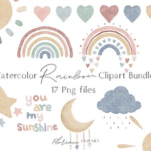 Boho Watercolor Rainbow Clipart, Hand Drawn Pastel Rainbow PNG File, Baby shower Clipart, Nursery Decor PNG Clipart, Instant downloads