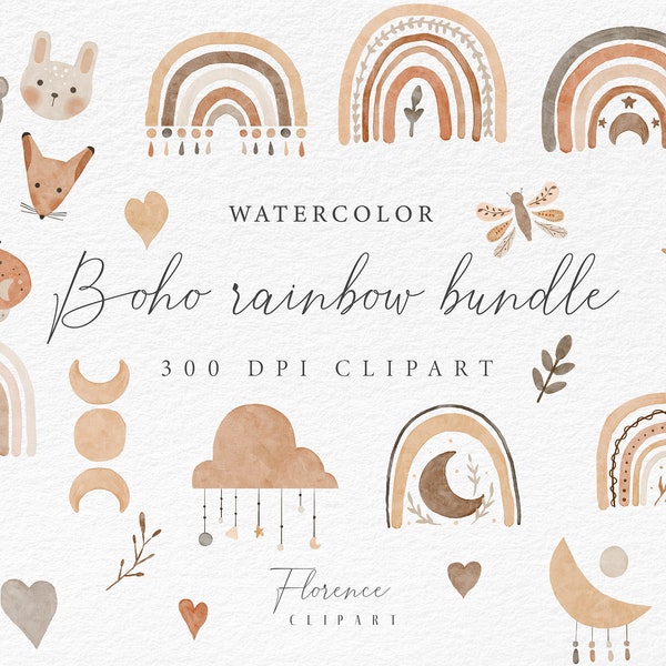 Boho Rainbow Watercolor Clip Art Bumdle, Boho Clipart, Birthday Card Rainbow Png, baby shower Boho Png, Rainbow ClipArt, Boho Nursery Decor