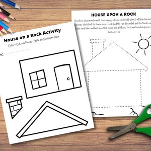 House upon a rock | Cut and Paste | Sunday School Bible Study | Scripture Activity | KJV | Christian Printable  | Preschool craft