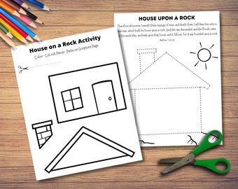 House upon a rock | Cut and Paste | Sunday School Bible Study | Scripture Activity | KJV | Christian Printable  | Preschool craft