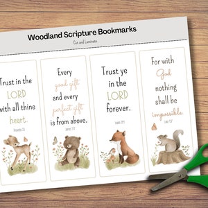 May include: Four printable bookmarks featuring woodland animal illustrations and scripture verses. The bookmarks depict a deer, a bear, a fox, and a squirrel. The verses are: "Trust in the LORD with all thine heart." (Proverbs 3:5), "Every good gift and every perfect gift is from above." (James 1:17), "Trust ye in the LORD forever." (Isaiah 26:4), and "For with God nothing shall be impossible." (Luke 1:37).