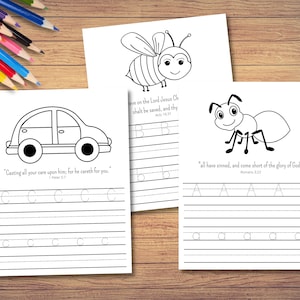 May include: Black and white printable colouring pages for children featuring a car, a bee, and an ant. Each page includes a Bible verse and tracing lines for practising letter formation. The verses are "Casting all your care upon him; for he careth for you." 1 Peter 5:7, "Believe on the Lord Jesus Christ, and thou shalt be saved, and thy house." Acts 16:31, and "For all have sinned, and come short of the glory of God." Romans 3:23.