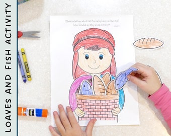 May include: A printable activity sheet for kids featuring a boy holding a basket of loaves of bread and fish. The sheet includes a quote from the Bible: "There is a lad here, which hath five barley loaves, and two small fishes: but what are they among so many?" John 6:9