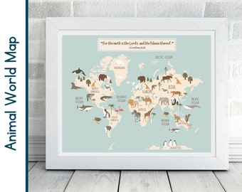 Mappa del mondo di Christian Kids / Mappa del mondo animale / Versetto della Bibbia / / Mappa del mondo cristiano / Animali safari / Stampe per l'asilo nido / Bibbia / Decorazioni per la casa