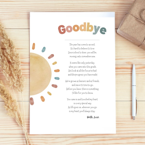 End of School Letter | Gift from Teacher | End of Year | Poem for Students | Goodbye Letter to Student | Instant Download |