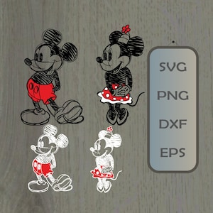 May include: Black and white line art illustration of Mickey Mouse and Minnie Mouse. Mickey is wearing red shorts and Minnie is wearing a red polka dot skirt. The image is in a cartoon style.
