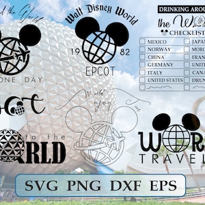 Könnte beinhalten: Schwarzweißes Grafikdesign mit dem Text "Um die Welt" und "Weltreisender" mit einer Mickey-Maus-Silhouette und einem Globus. Die Texte "Walt Disney World" und "EPCOT" sind ebenfalls enthalten. Das Grafikdesign enthält eine Checkliste mit dem Text "Trinken um die Welt Checkliste" und einer Liste von Ländern und "Betrunken".