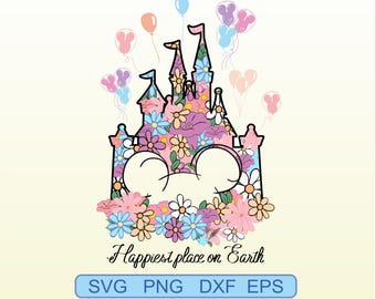 DisneyLand Happiest place on Earth Svg Png Dxf Eps, Flowers Svg Png, DisneyCastle SVG, DisneyVacation Svg, Mouse Svg, Castle Svg Png
