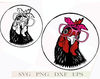 Chicken with bandana glasses Svg files for cricut, Clipart Farm animal, Vector, Crazy chicken lady svg, shirt svg Rooster, Crazy Lady svg
