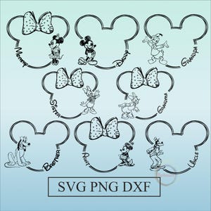 May include: Black and white line art featuring Mickey Mouse and friends. Each character is inside a Mickey Mouse head outline with a bow. Text includes "Mommy," "Daddy," "Sister," "Grandma," "Brother," "Aunt," and "Uncle." The image also includes "SVG PNG DXF."