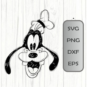 May include: Black and white cartoon illustration of a dog wearing a chef's hat, with a wide open mouth and large eyes. The image includes the text "SVG, PNG, DXF, EPS" on a gray tag.