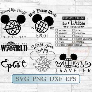 May include: Black and white graphic design featuring Mickey Mouse ears with a globe inside. The text "Around the World" and "Walt Disney World" are written in a circle around the ears. The text "EPCOT" is written below the ears. The text "Drinking Around the World Checklist" is written in a circle around a globe. A list of countries is written below the checklist. The text "World Tour Njoy" is written in a circle around Mickey Mouse ears with a globe inside. The text "Joy to the World" is written below the ears. The text "Epcot" is written below the ears. The text "World Traveller" is written below Mickey Mouse ears with a globe inside. The text "SVG PNG DXF EPS" is written below the image.