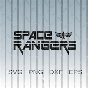 K&ouml;nnte beinhalten: Schwarzes Grafikdesign mit dem Text "SPACE RANGERS" in einer fetten, blockartigen Schrift, begleitet von einem stilisierten Raketen- und Fl&uuml;gel-Emblem. Darunter die Dateityp-Abk&uuml;rzungen: SVG, PNG, DXF, EPS.