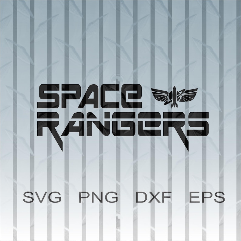 K&ouml;nnte beinhalten: Schwarzes Grafikdesign mit dem Text "SPACE RANGERS" in einer fetten, blockartigen Schrift, begleitet von einem stilisierten Raketen- und Fl&uuml;gel-Emblem. Darunter die Dateityp-Abk&uuml;rzungen: SVG, PNG, DXF, EPS.