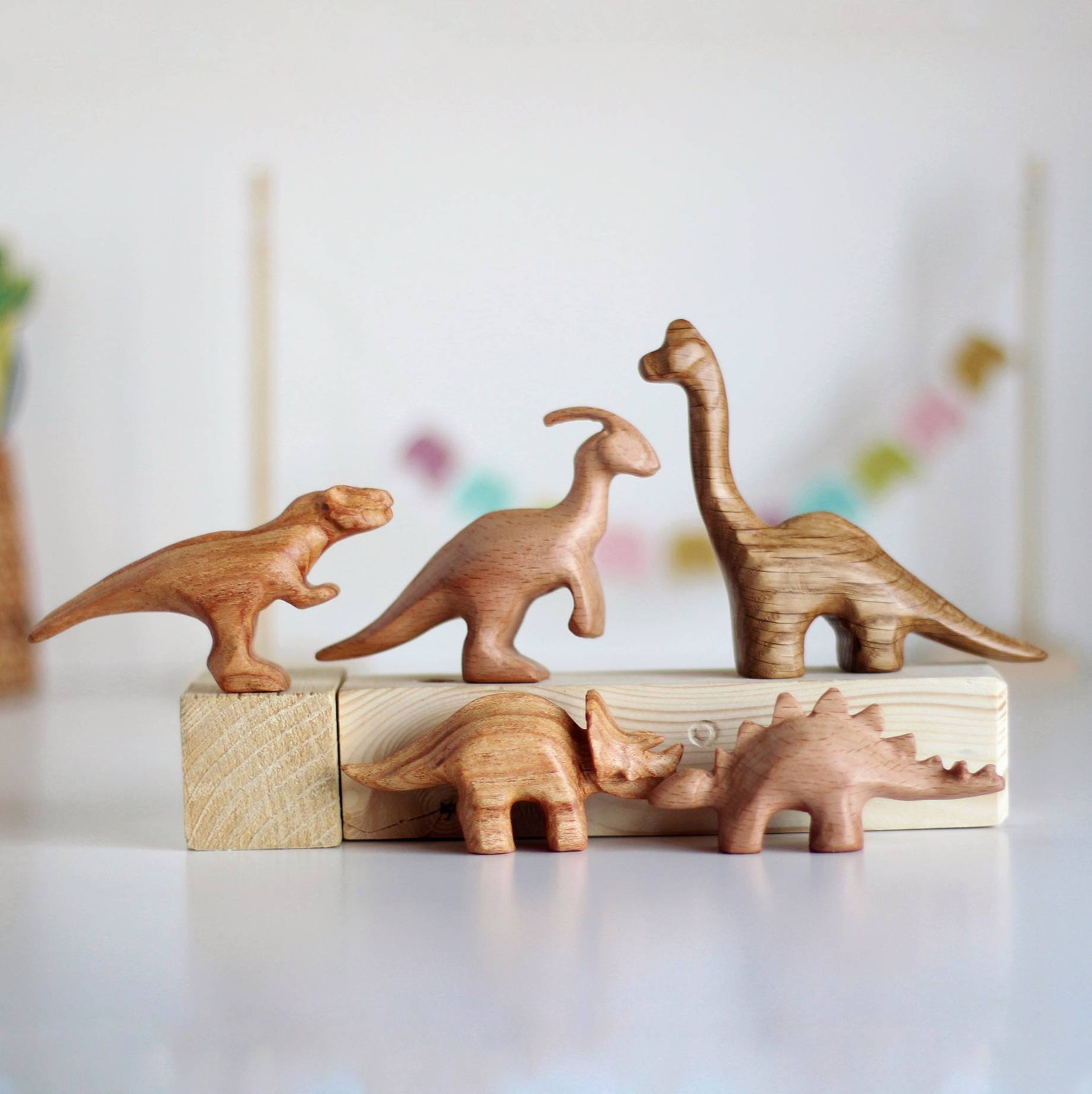 5 in 1 wooden dinosaur play set hand carved baby dinosaurs Etsy