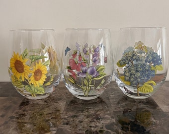 Portmeirion Botanic Garden Set of Three Stemless Wine Glasses Sweet Pea Sunflower Hydrangea
