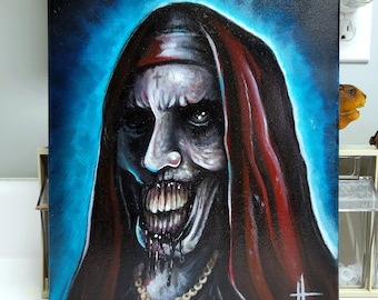 Original Ölgemälde | Horror Kunst | Handgemachte schwarze Halloween Themen Wand-Dekor | Gruseliges Geschenk | Spooky Custom Art | Kein Druck | Nonne | Goth