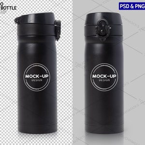 Thermo Water Bottle Mockup, Black Stainless Steel, Tumbler Cups, Water Bottle Template | PNG and PSD files