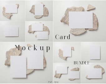 May include: A mockup bundle of six blank white cards on a light gray background. The cards are arranged in different configurations on top of beige and white textured rocks. The text "Card" and "Mockup" are visible in the image. The text "Bundle" is also visible in the image.