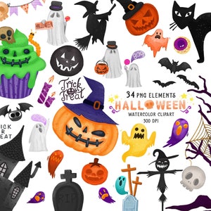 Watercolor Halloween Clipart, Halloween Clipart, Halloween Items Download, Instant Download, Pumpkin, Black Cat, Ghosts, Commercial Use