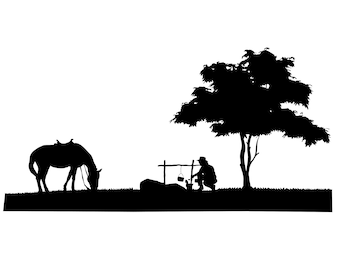 Cowboy Campfire Silhouette SVG, Horse Graphic (Digital Download)