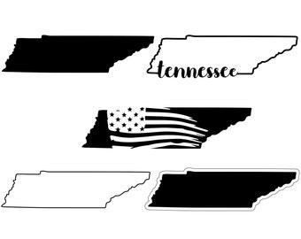 May include: A set of digital cut files featuring the outline of the state of Tennessee in black and white, with a version that includes the word "Tennessee" in a stylized font and another version with a distressed American flag design. The files are available in SVG, PNG, JPG, DXF, EPS, and PDF formats.