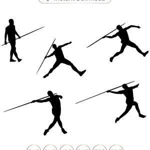 Może przedstawiać: Sylwetki sportowców rzucających oszczepem w różnych pozach. Sportowcy są w trakcie rzutu, przygotowują się do rzutu i idą z oszczepem.