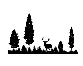 May include: Black silhouette of a deer standing in a forest with tall pine trees. The deer is facing right and has large antlers. The forest is represented by a row of small pine trees in the foreground.