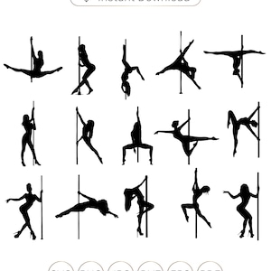 Puede incluir: Un conjunto de 18 imágenes en silueta en blanco y negro de una persona realizando poses de pole dance. Las imágenes están en varias poses y ángulos. Las imágenes están en formatos SVG, PNG, JPG, DXF, EPS y PDF.