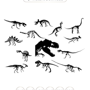 May include: A set of ten black dinosaur skeleton silhouettes. The skeletons are in various poses, including standing, walking, and running. The silhouettes are on a white background.