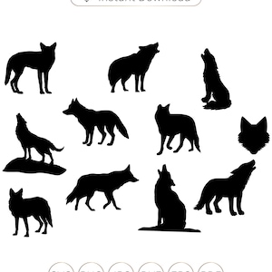 May include: A set of ten black wolf silhouettes in various poses, including howling, standing, and sitting. The silhouettes are isolated on a white background.