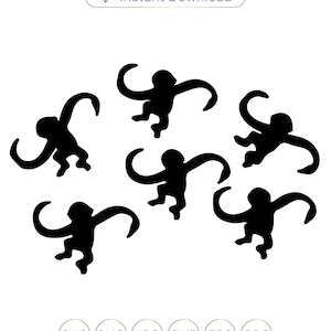 Könnte beinhalten: Schwarze Silhouette von sechs Affen in verschiedenen Posen, mit ausgestreckten Armen und Beinen. Die Affen sind in einem Kreis angeordnet, wobei ihre Schwänze nach außen zeigen.