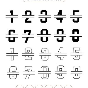 Könnte beinhalten: Ein Satz schwarzer geteilter Monogrammzahlen von 1 bis 9. Die Zahlen sind in einer fetten, klobigen Schriftart mit einer horizontalen Linie in der Mitte. Die Zahlen sind in zwei Reihen zu fünf angeordnet. Das Bild enthält den Text "Sofort-Download" und die Dateitypen "SVG, PNG, JPG, DXF, EPS, PDF".