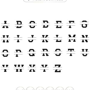 May include: A set of 26 split monogram letters in a bold, blocky font style. Each letter is divided horizontally with a line through the middle. The letters are black and white.