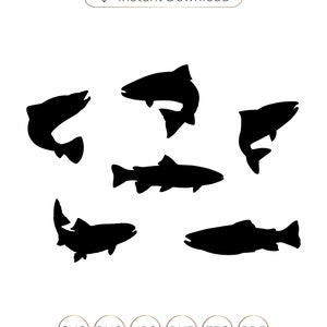 May include: Six black silhouette images of trout fish in various positions. The fish are facing different directions and are in a variety of poses, including swimming, jumping, and resting. The images are set against a white background.
