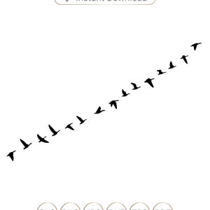 Puede incluir: Una silueta negra de una bandada de pájaros volando en formación de V. Los pájaros vuelan en diagonal desde la parte inferior izquierda hasta la parte superior derecha de la imagen. La imagen está sobre un fondo blanco.