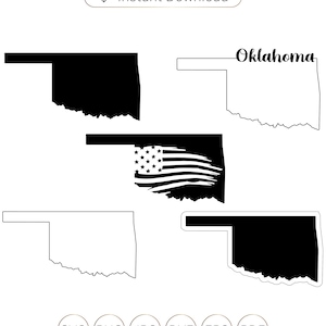 May include: A collection of black and white Oklahoma state map designs. One design features the state outline with the word "Oklahoma" in script. Another design incorporates the American flag. Includes file type icons: SVG, PNG, JPG, DXF, EPS, and PDF.